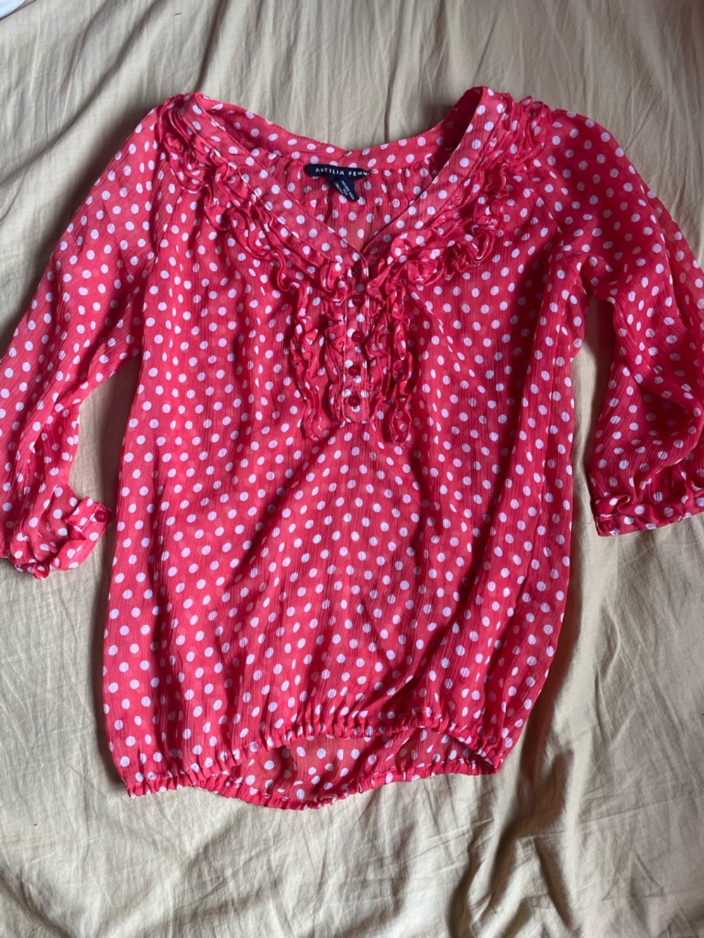 Antilia Femme Pink Polka Dot Ruffle V-Neck Blouse